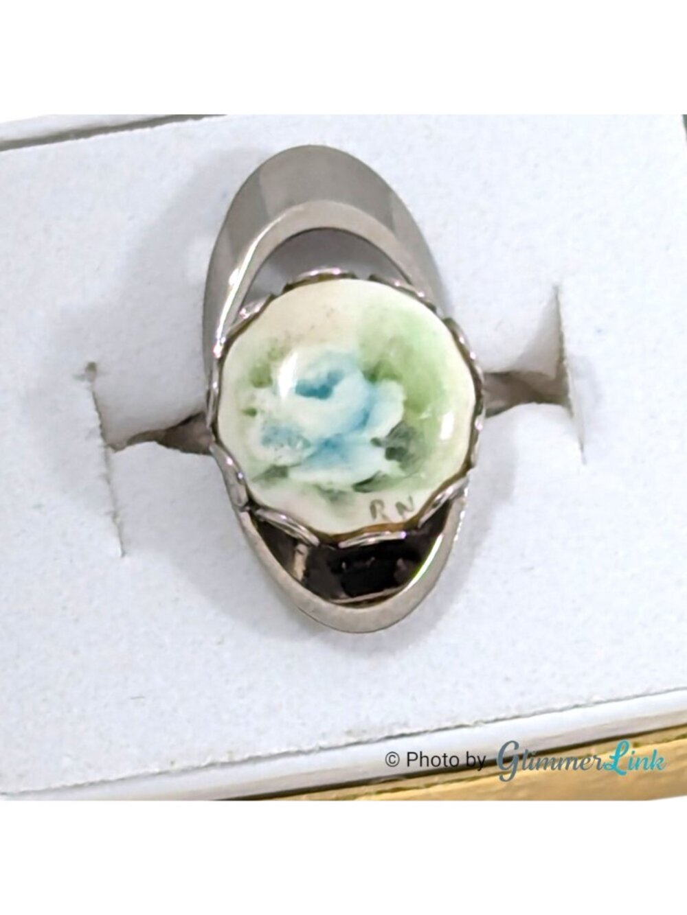 Vintage Floral Hand Painted Porcelain Adjustable Silver Tone Ring